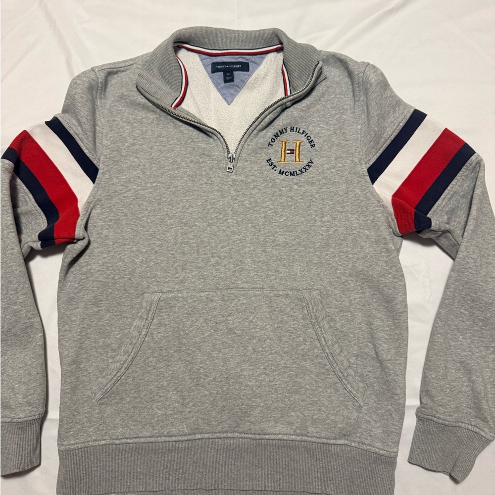 Tommy Hilfiger Gray Zip-Up Sweater with Red and Blue Stripes